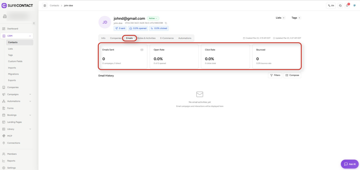 Contact Activity & Purchase History crm dashboard displaying contact email analytics