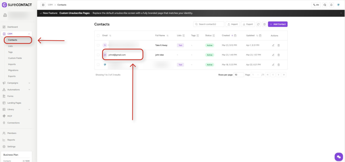 Add Notes to Contacts Guide crm dashboard displaying contact list