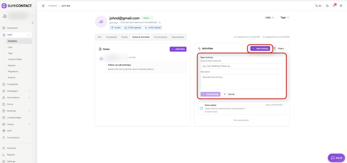 Contact Activity & Purchase History crm interface displaying contact notes and activities