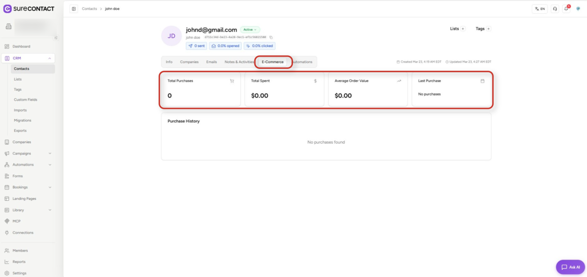 Contact Activity & Purchase History crm interface showing customer e commerce information