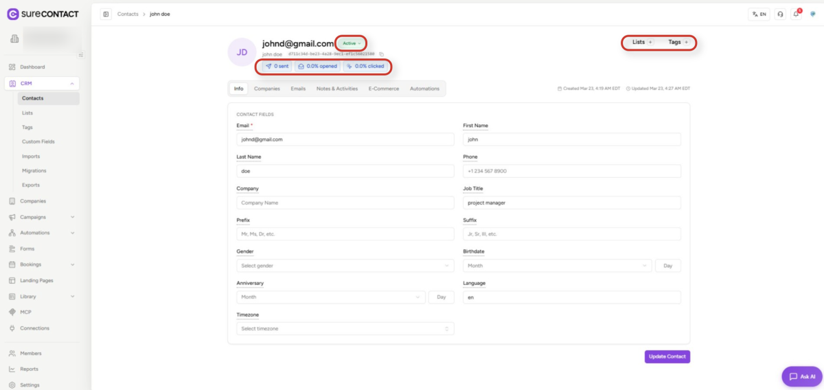 Contact Activity & Purchase History crm interface with contact information fields