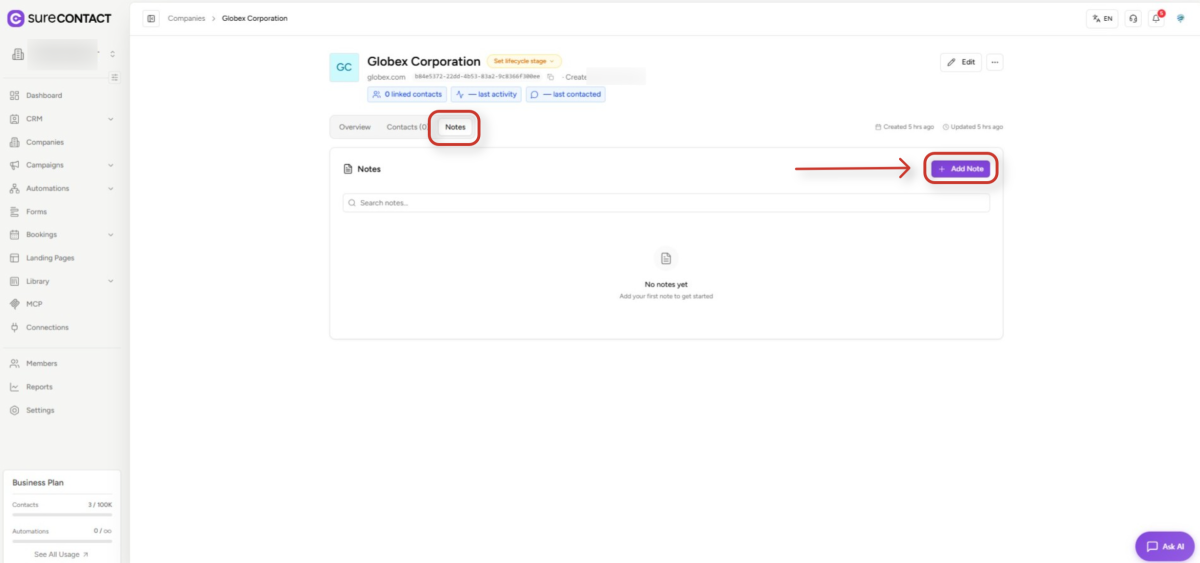 Companies User Flow Guide crm platform company notes page