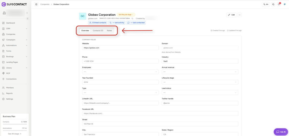 Companies User Flow Guide company profile details in crm software interface