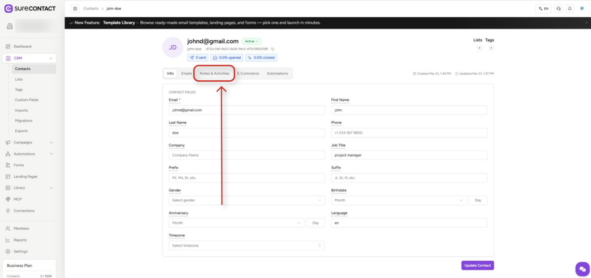 Add Notes to Contacts Guide contact profile interface in crm application