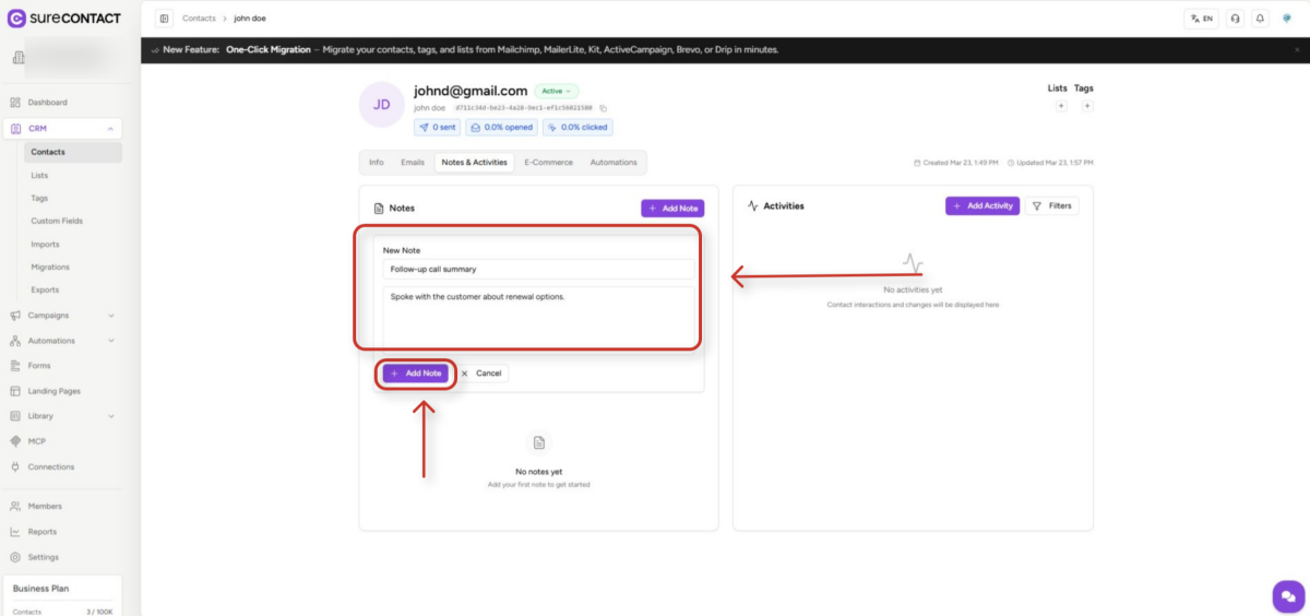 Add Notes to Contacts Guide customer relationship management contact dashboard interface