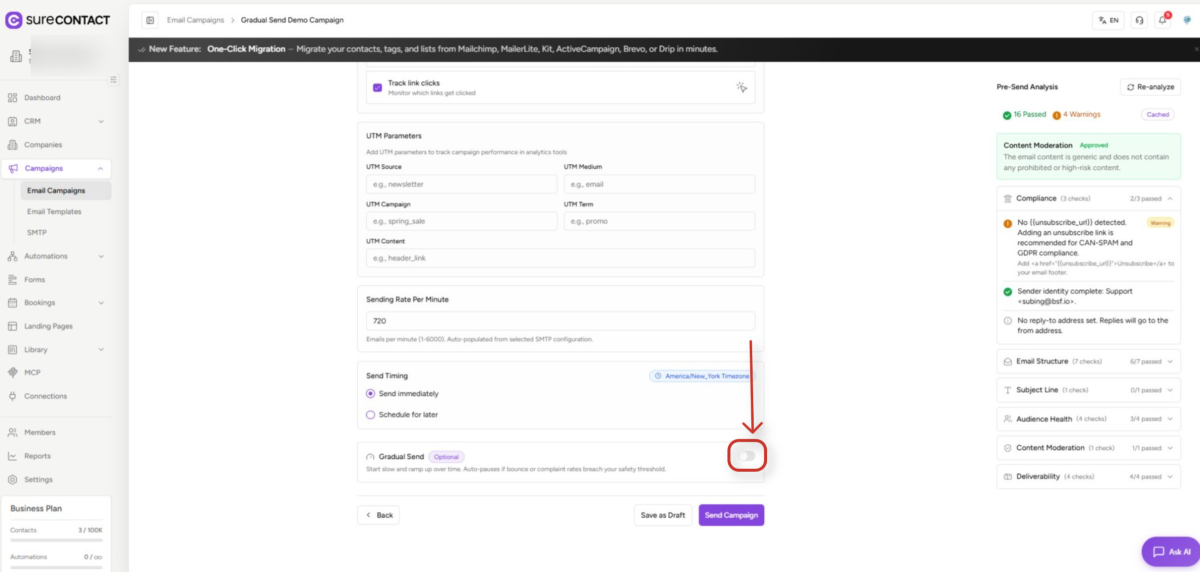 email campaign configuration dashboard with pre send analysis