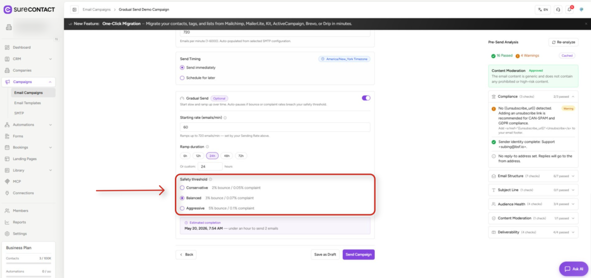 email campaign configuration and pre send analysis interface