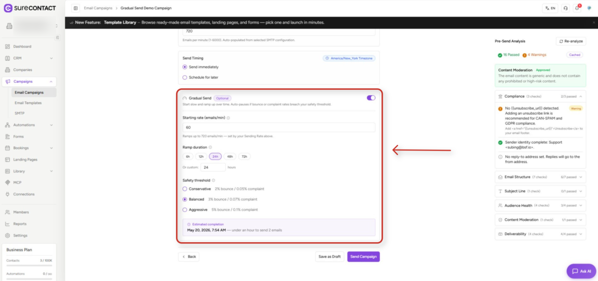 email campaign management dashboard with gradual send settings