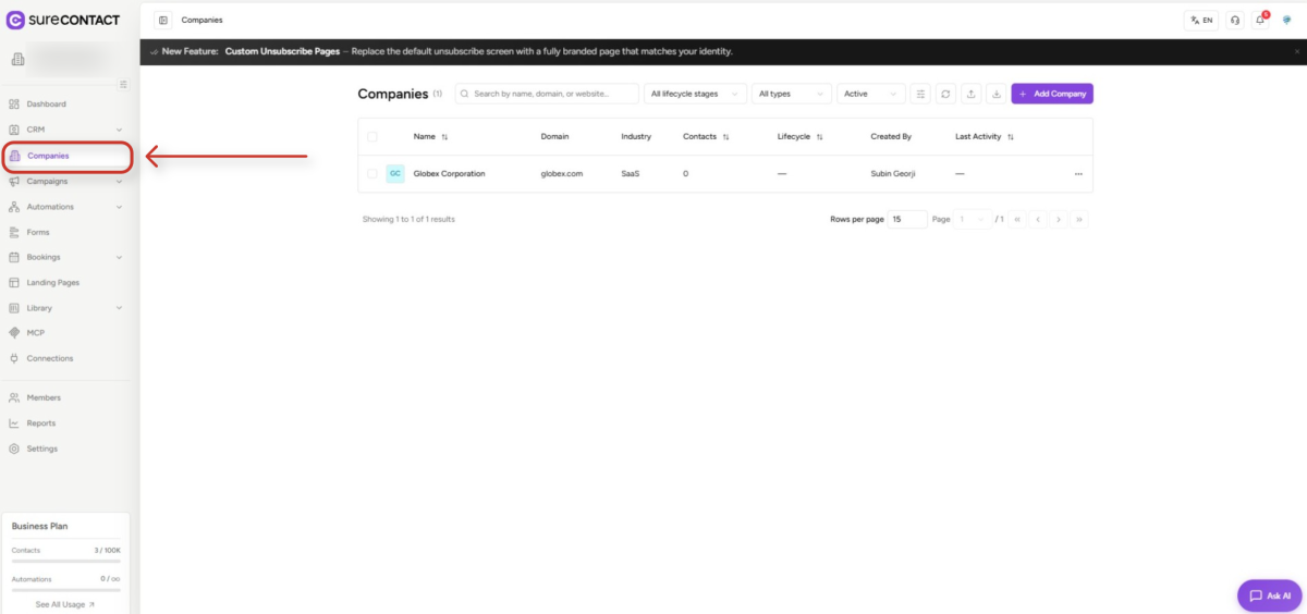 Companies User Flow Guide surecontact crm companies dashboard