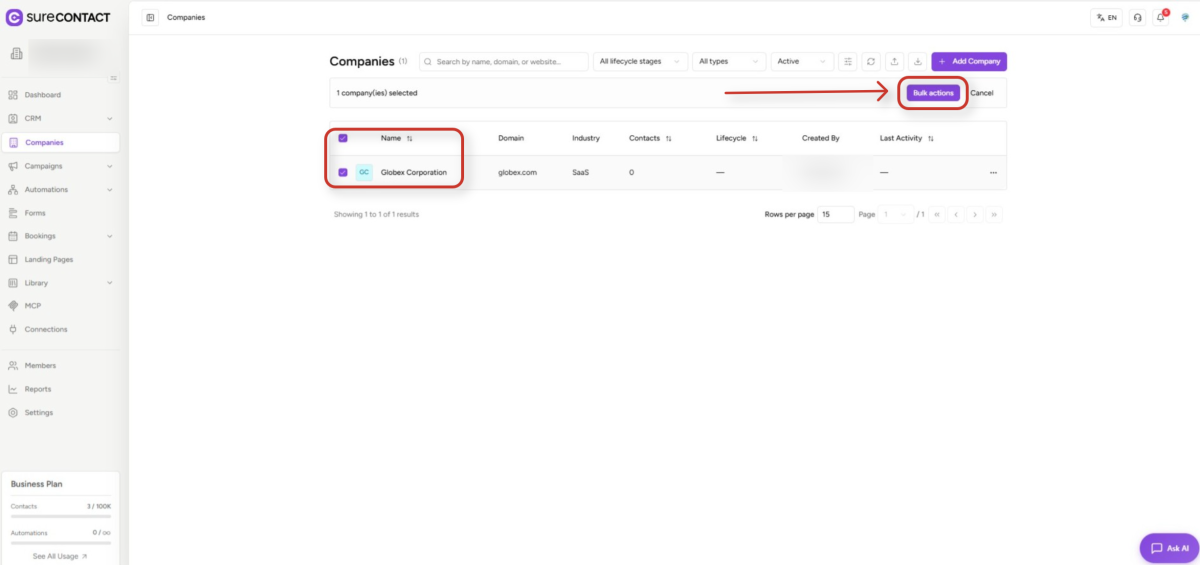 Bulk Operations SureContact surecontact crm companies list view