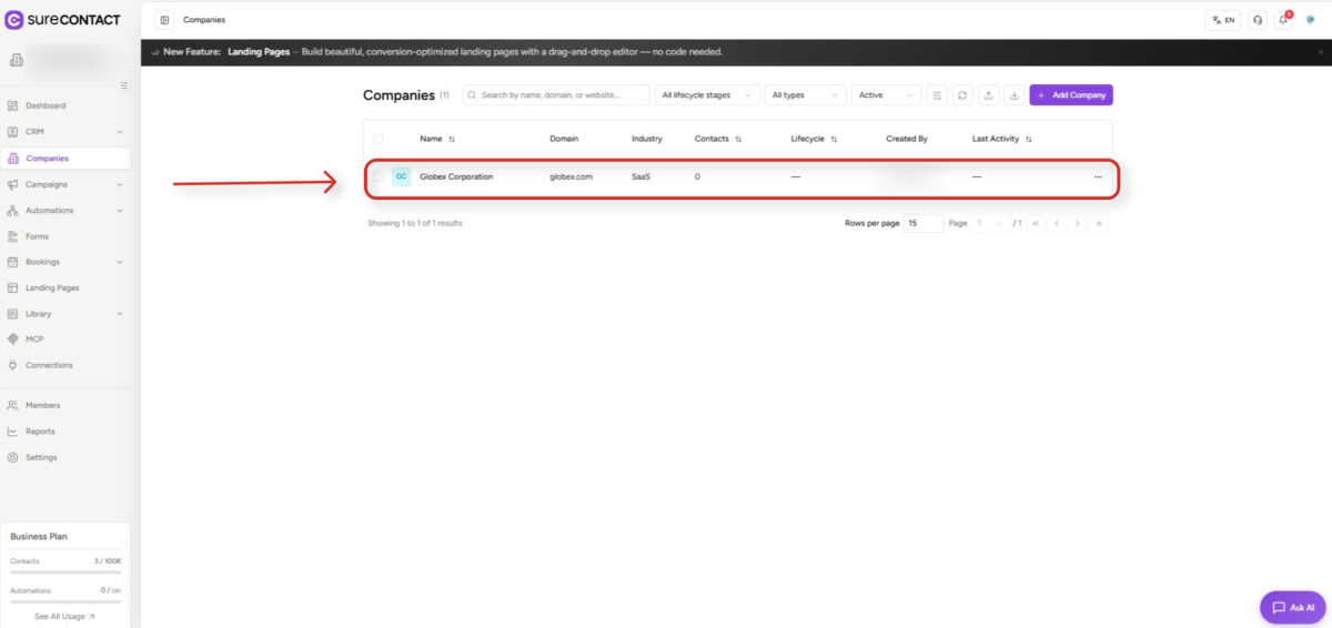 Companies User Flow Guide surecontact crm companies management interface