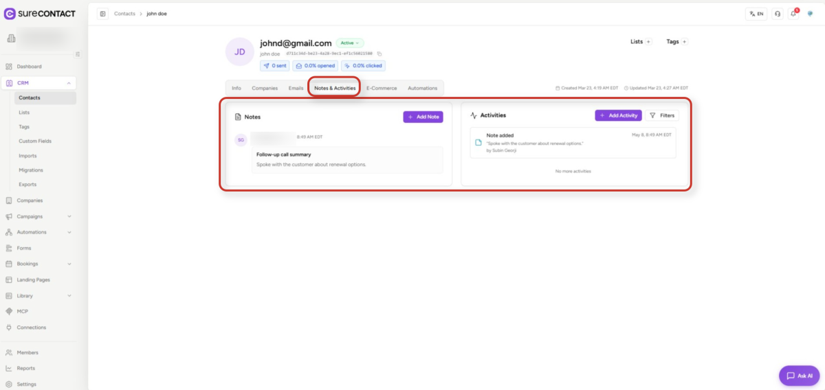 Contact Activity & Purchase History surecontact crm contact details page showing notes and activities