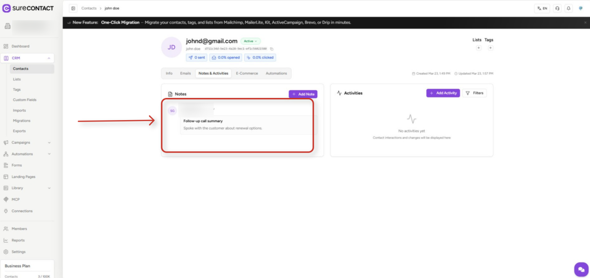 Add Notes to Contacts Guide surecontact crm contact notes and activities dashboard