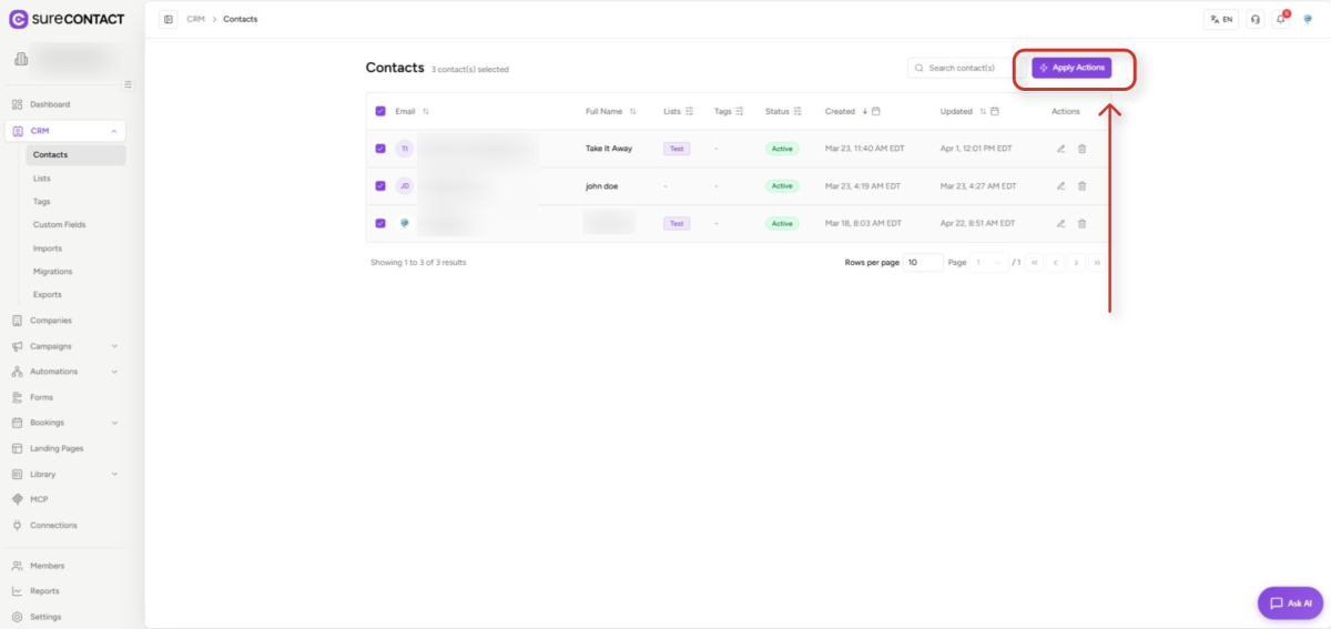 Bulk Operations SureContact surecontact crm contacts dashboard