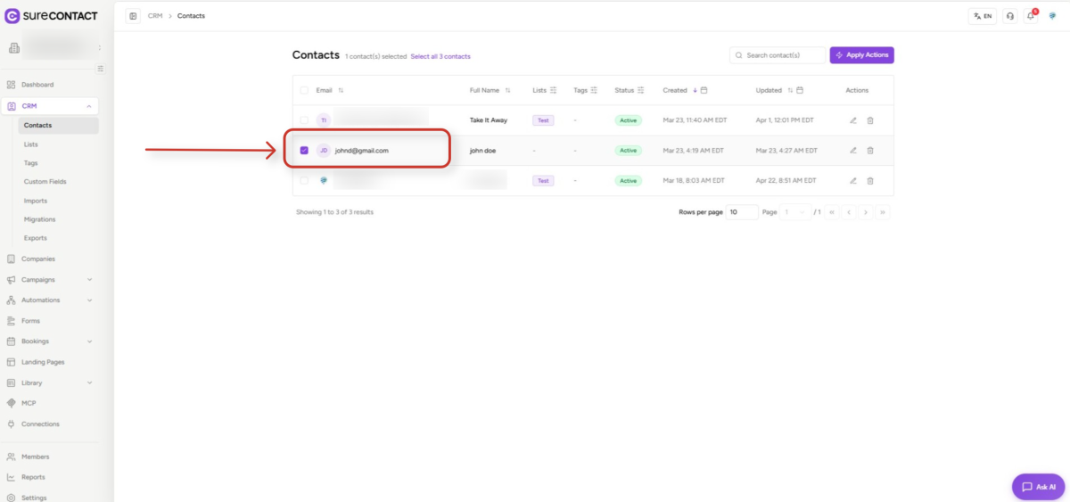 Bulk Operations SureContact surecontact crm contacts dashboard interface
