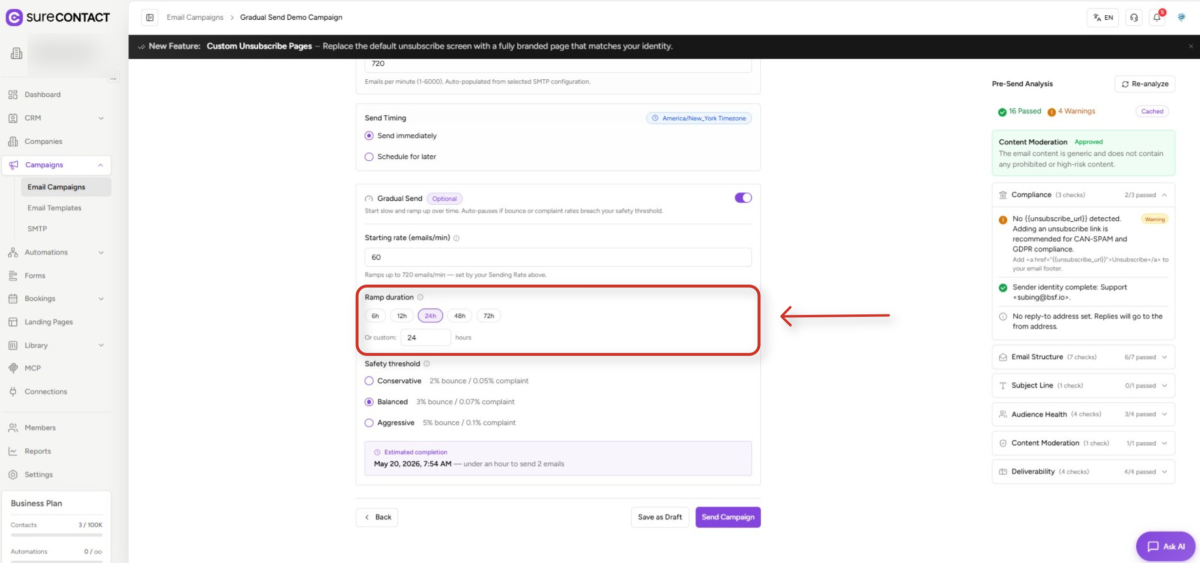 surecontact email campaign gradual send settings and pre send analysis dashboard