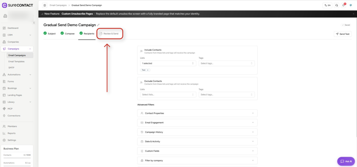 surecontact email campaign recipient selection interface