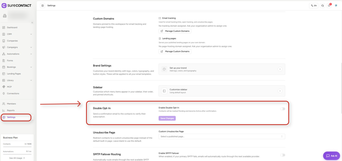 SureContact Double Opt-In Guide surecontact settings page interface