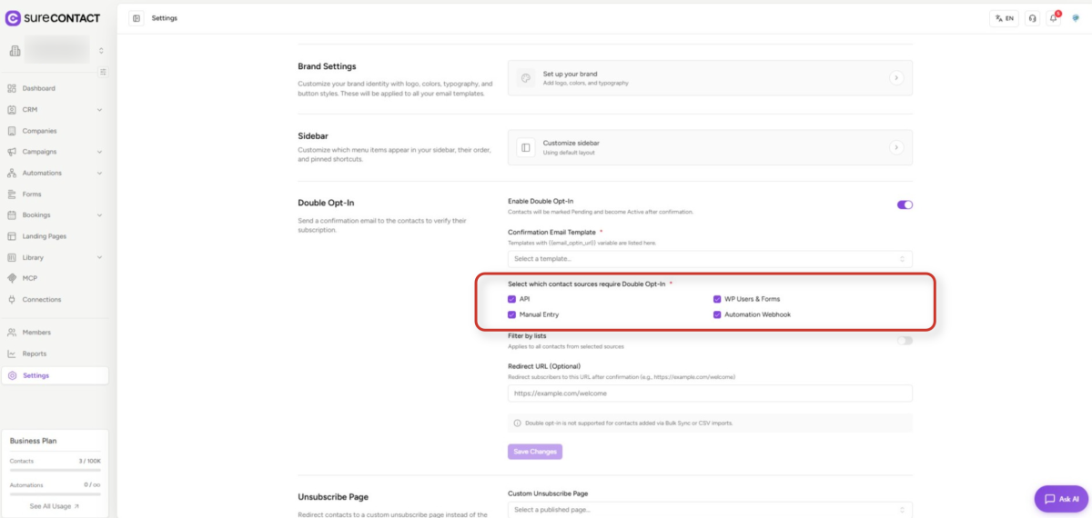 SureContact Double Opt-In Guide surecontact settings page overview