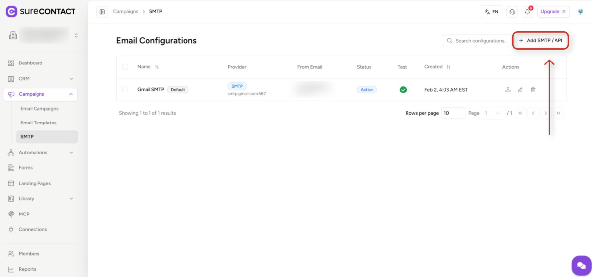 surecontact email configurations page
