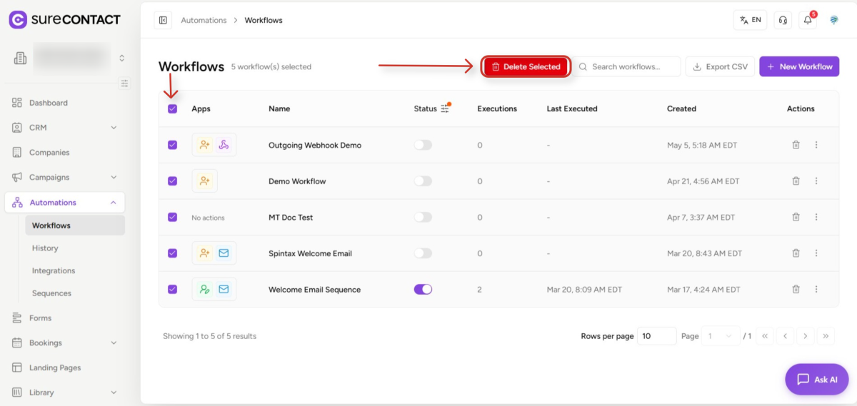 surecontact automation workflows dashboard