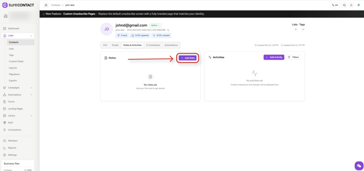 Add Notes to Contacts Guide surecontact crm contact notes and activities page