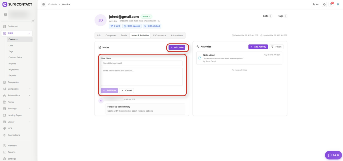 Contact Activity & Purchase History surecontact crm contact notes and activities view