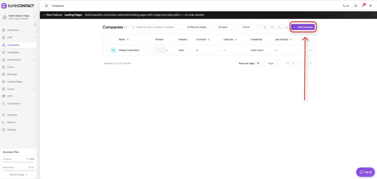 Companies User Flow Guide surecontact crm software companies management page