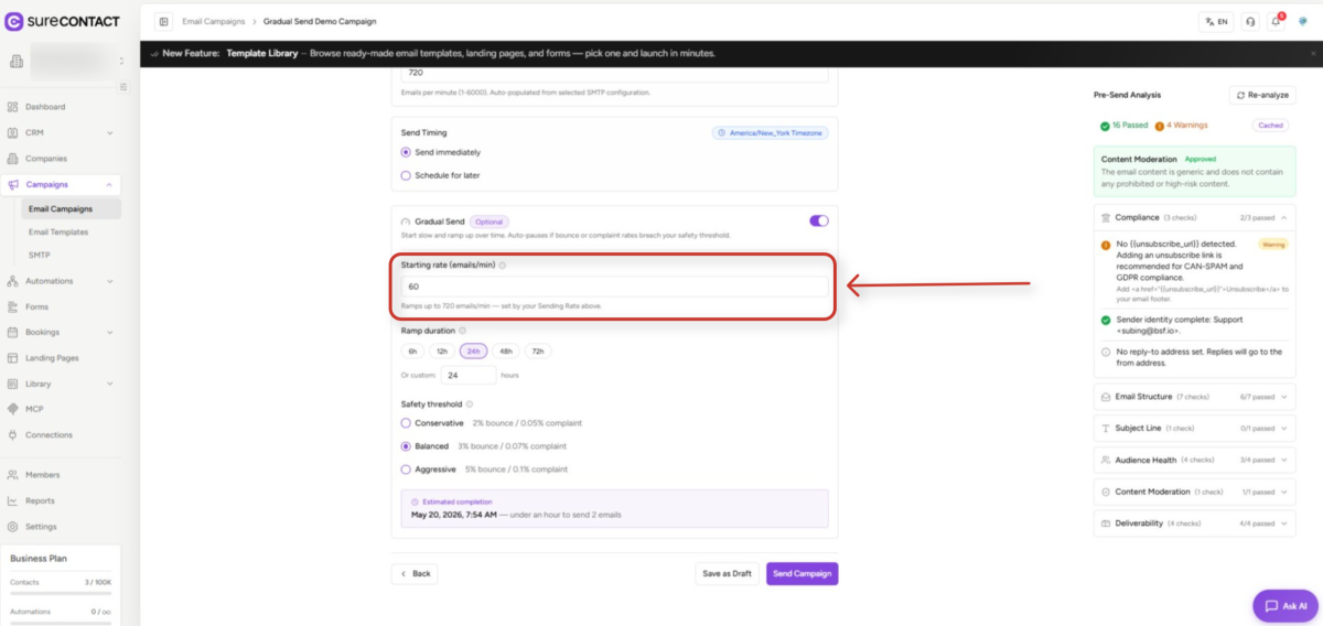 surecontact email campaign gradual send settings and analysis