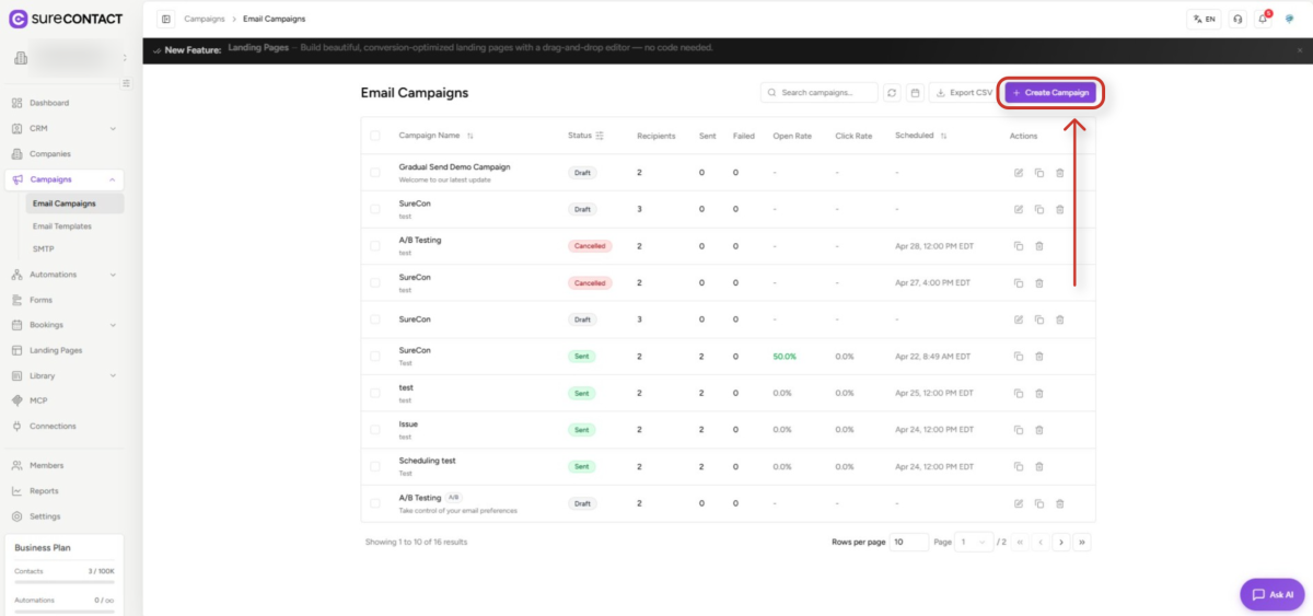 surecontact email campaigns dashboard