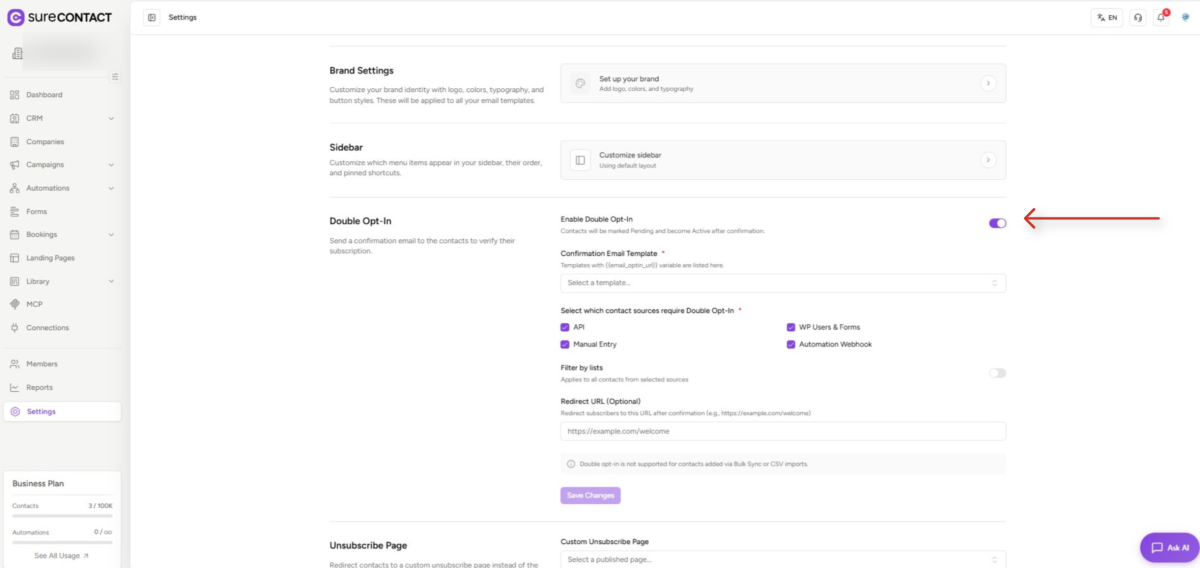 SureContact Double Opt-In Guide surecontact settings interface overview