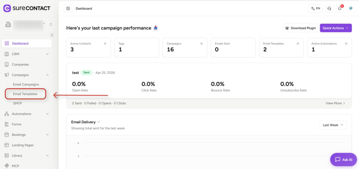 Reusable Email Templates Guide surecontact campaign performance dashboard interface