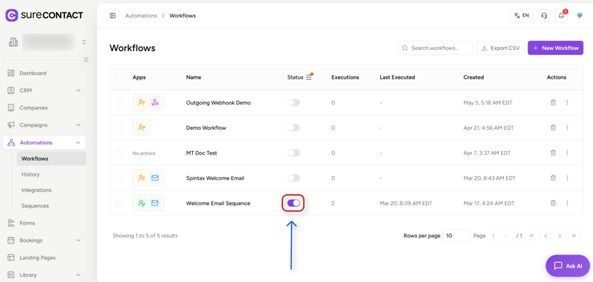 surecontact workflows dashboard