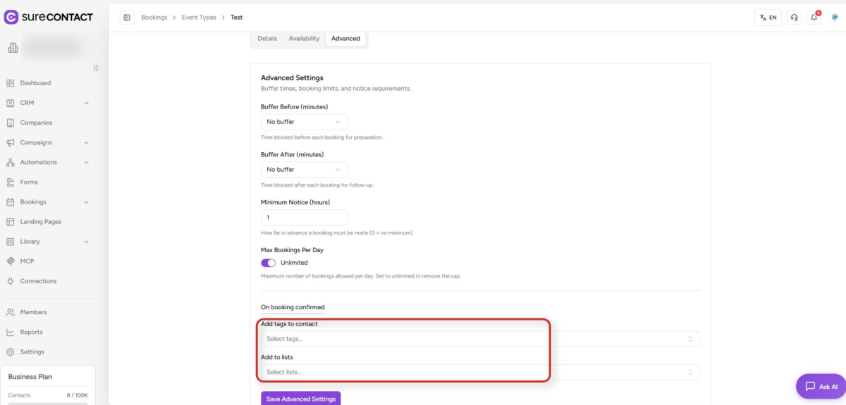 SureContact Bookings User Flow Guide advanced settings for event bookings in surecontact interface