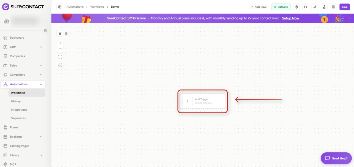 Companies Inside Automations - SureContact automation workflow builder interface (1)