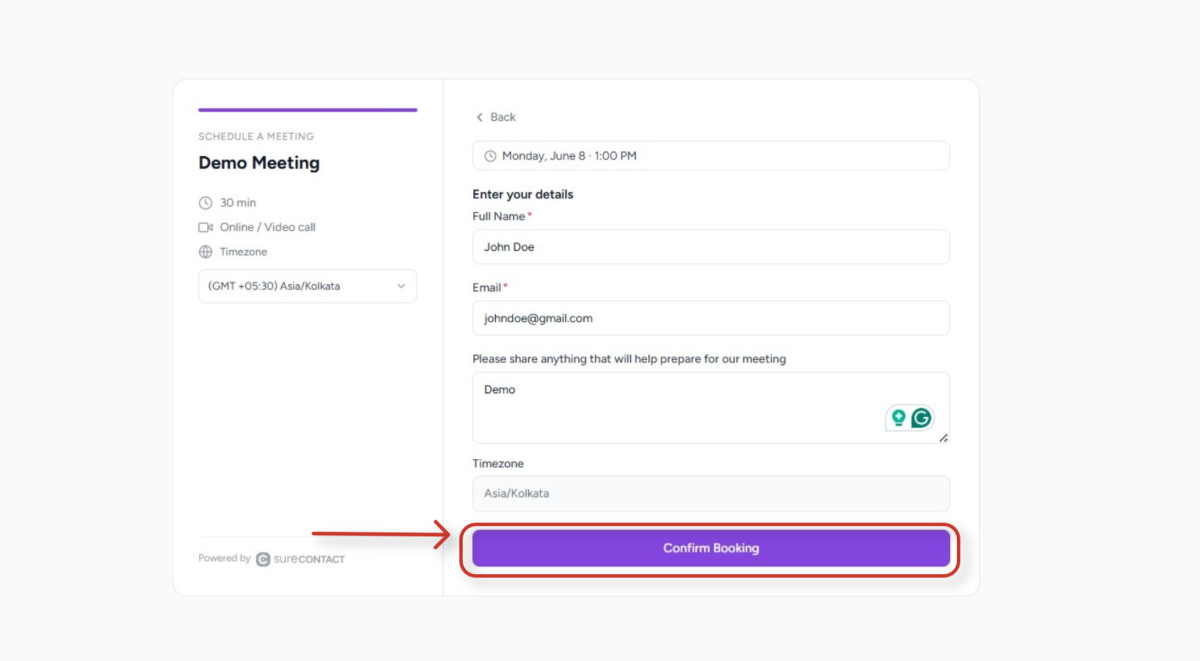 SureContact Bookings User Flow Guide demo meeting scheduling form