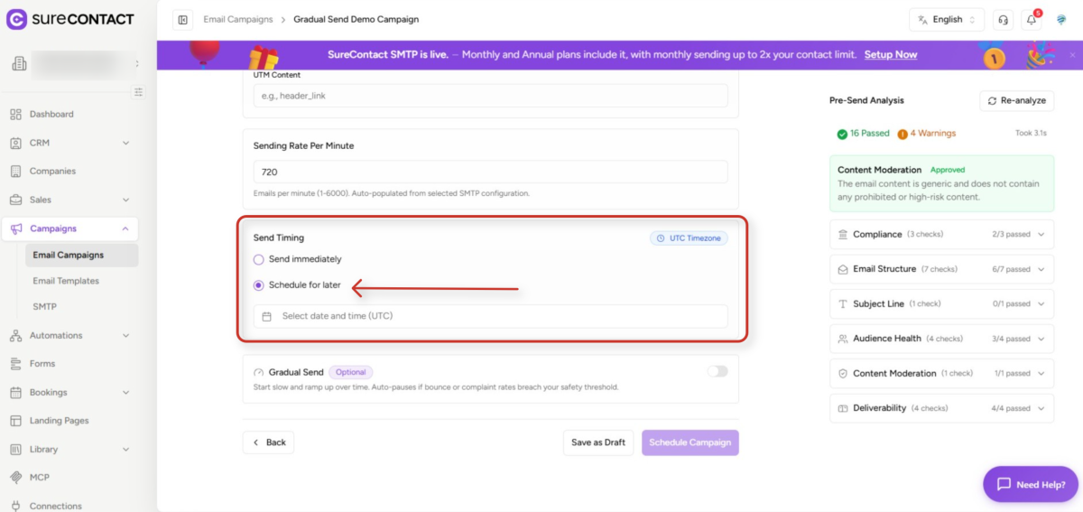 Scheduling vs. Sending Immediately Emails in SureContact email campaign configuration dashboard with pre send analysis (1)