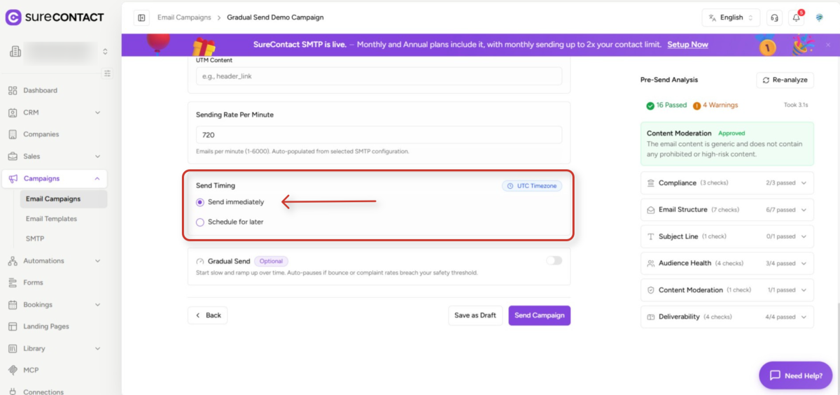Scheduling vs. Sending Immediately Emails in SureContact email campaign configuration and pre send analysis interface (1)