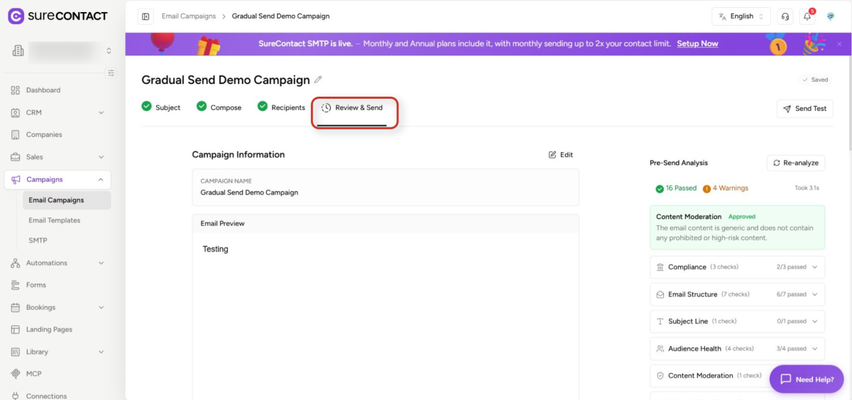 Scheduling vs. Sending Immediately Emails in SureContact email campaign review and send interface