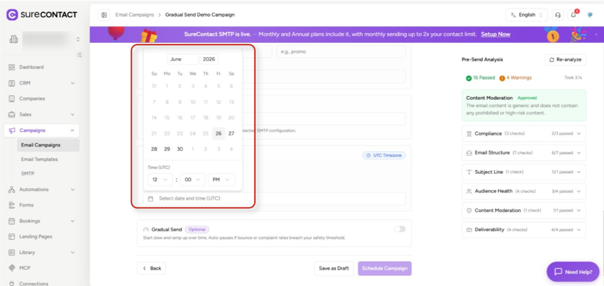 Scheduling vs. Sending Immediately Emails in SureContact email campaign scheduling interface