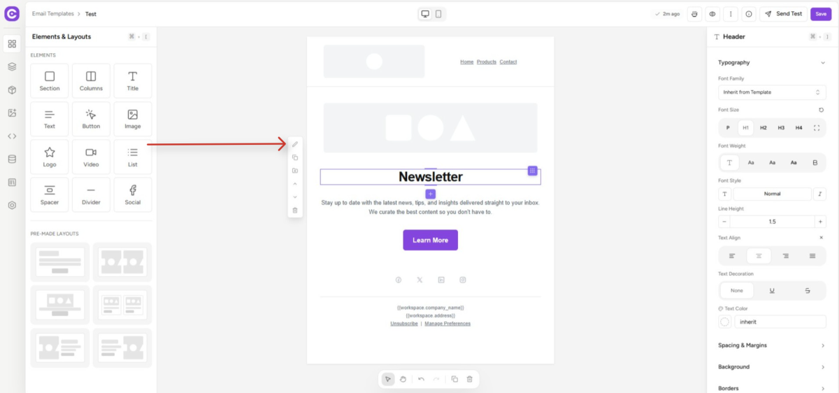 email newsletter design interface