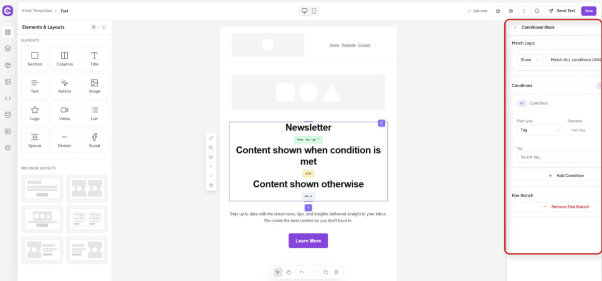 email template builder with conditional content