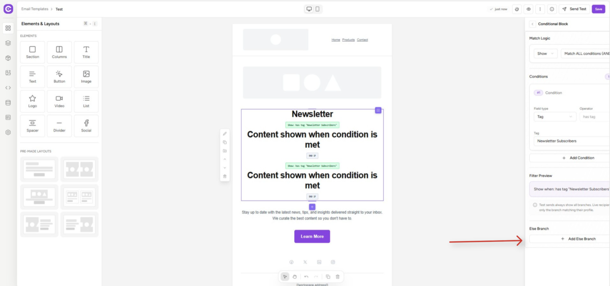 email template builder with conditional logic interface