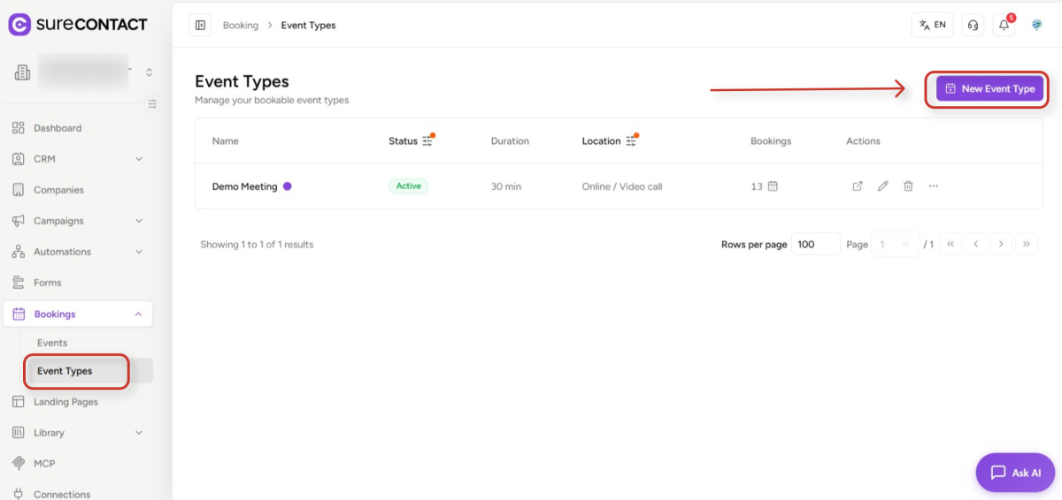 SureContact Bookings User Flow Guide event types management dashboard