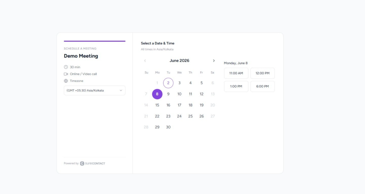 SureContact Bookings User Flow Guide online meeting scheduling interface