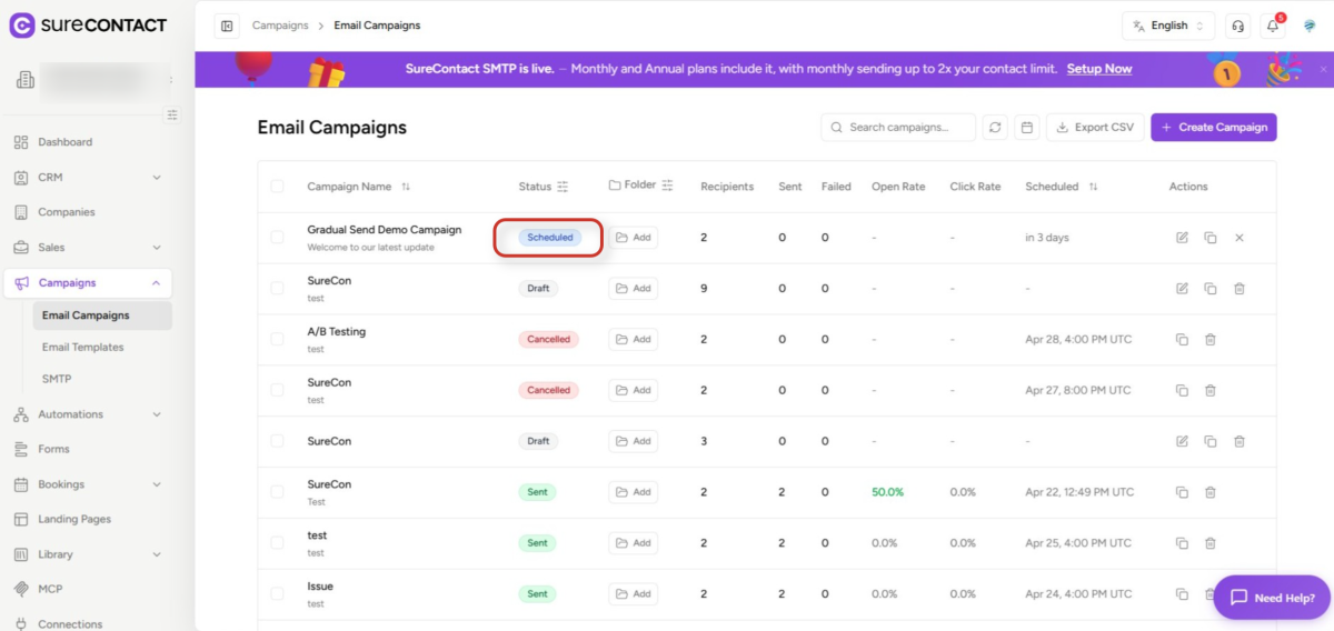 Scheduling vs. Sending Immediately Emails in SureContact surecontact email campaigns dashboard (1)