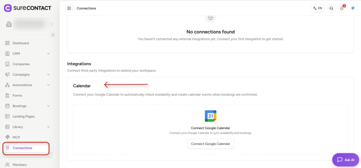 SureContact Bookings User Flow Guide surecontact platform connections and integrations page