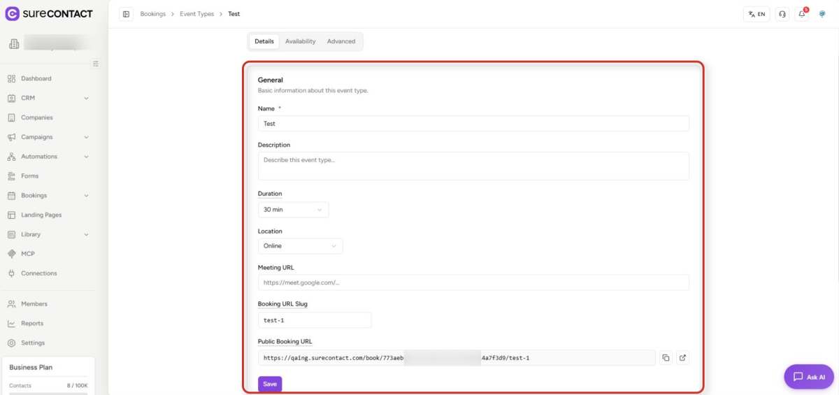 SureContact Bookings User Flow Guide surecontact event type configuration screen