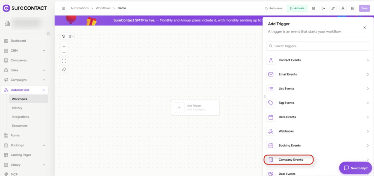 Companies Inside Automations - SureContact surecontact workflow automation add trigger interface