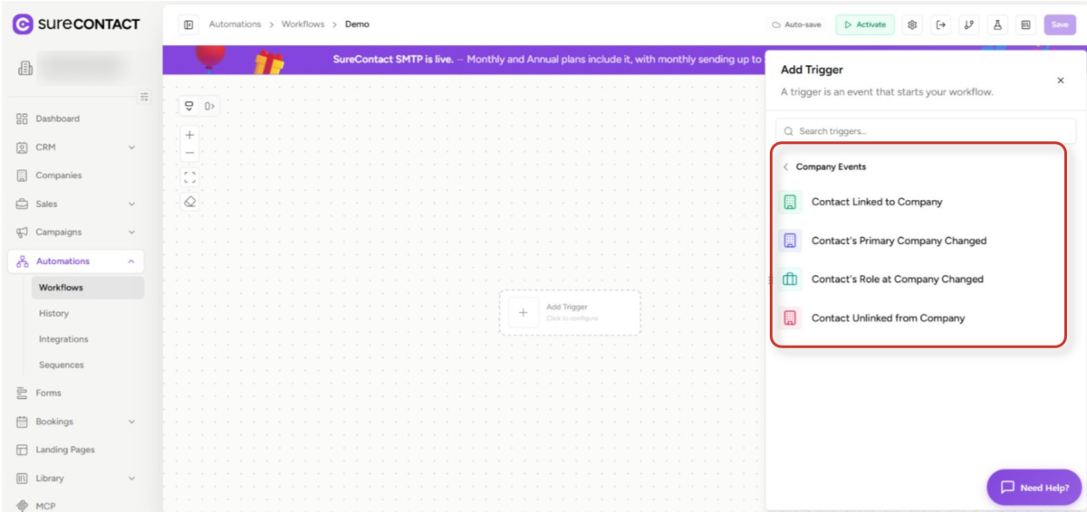 Companies Inside Automations - SureContact surecontact workflow automation trigger selection interface
